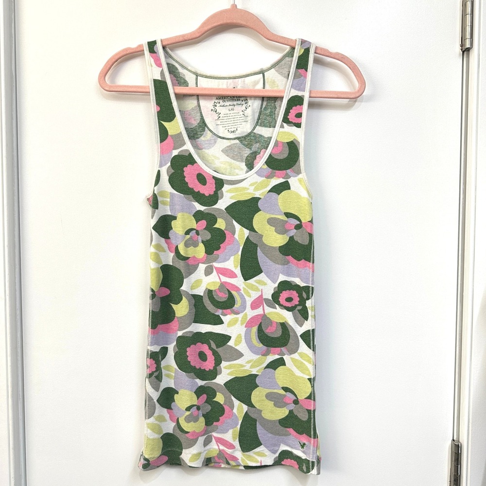 Vintage American Eagle ribbed Y2K floral boyfriend tank top L green/pink